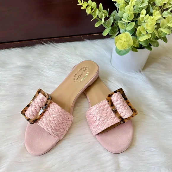 Scoop Rolie Tortoise Buckle Pink Raffia Slide Flat Sandal Size 7.5 - Picture 3 of 12